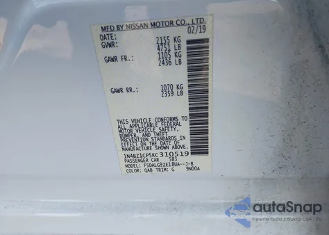 2019 Nissan Leaf Sl Plus z USA, uszkodzony, nr VIN 1N4BZ1CP5KC310519